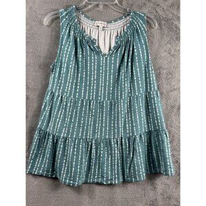 Teal Sleeveless Tiered Ruffle Top With White Dotted Stripes V-Neck By Wonderly